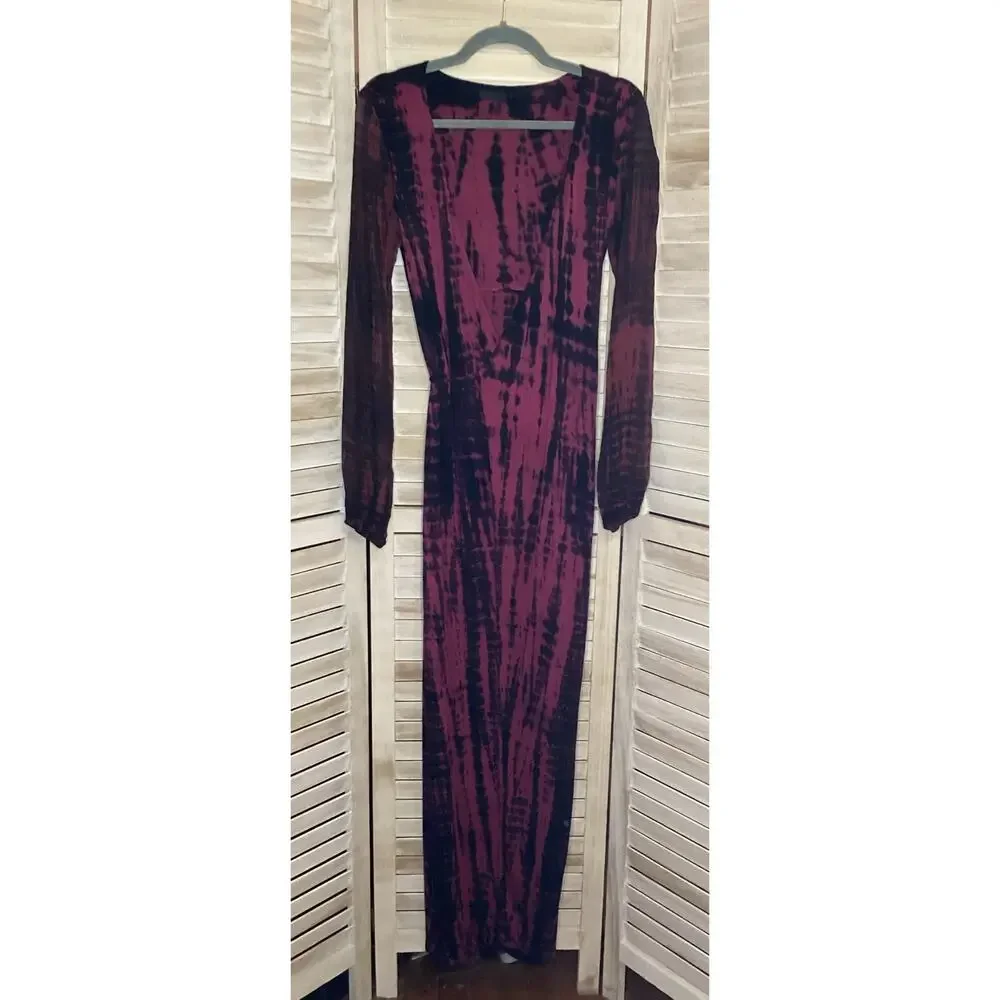 Indah Burgundy Black Tie Dye Slinky Full Length Wrap Maxi Dress S